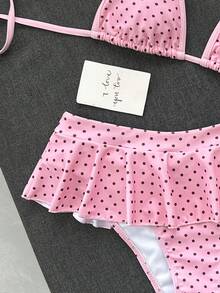 Swim Mod 女款海灘裝復古紅白波點印花對比飾邊性感微比基尼三角上衣超短比基尼裙時尚休閒度假甜美復古可愛性感女款泳衣套裝掛脖比基尼兩件式 - 淺粉色 - 查看 5