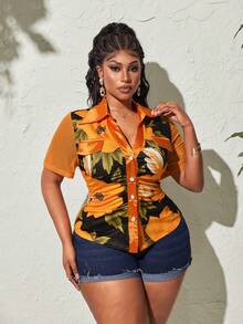 Maweii Chemise vintage américaine sexy à grand imprimé floral, col à revers, manches en maille, taille cintrée, blouse amincissante grande taille, vacances, noir, été - Orange - Voir 2