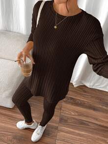 SHEIN Frenchy Drop Shoulder Ribbed Knit Tee & Leggings Textured Fabric Two Pieces - Chocolate Brown - View 6