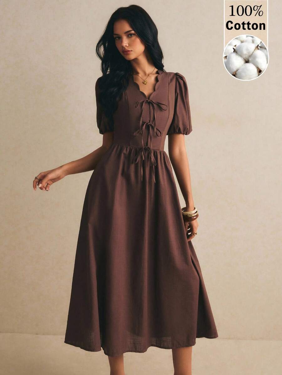 Poéselle 女款夏季優雅復古極簡純色V領貝殼邊泡泡短袖蝴蝶結裝飾收腰長洋裝