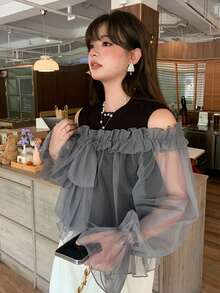 Dazy Plus Solid Color Sheer Mesh Bow Ruffle Cuff Fitted Slimming Casual Versatile 2-Piece Set For Women Spring Summer Autumn - Grey - View 4
