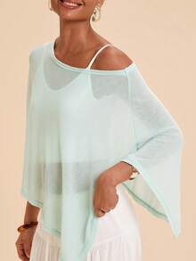 Travachic Women's Spring/Summer Asymmetrical Cape Shawl Loose Lazy Semi-Sheer Knit Top - Green - View 3