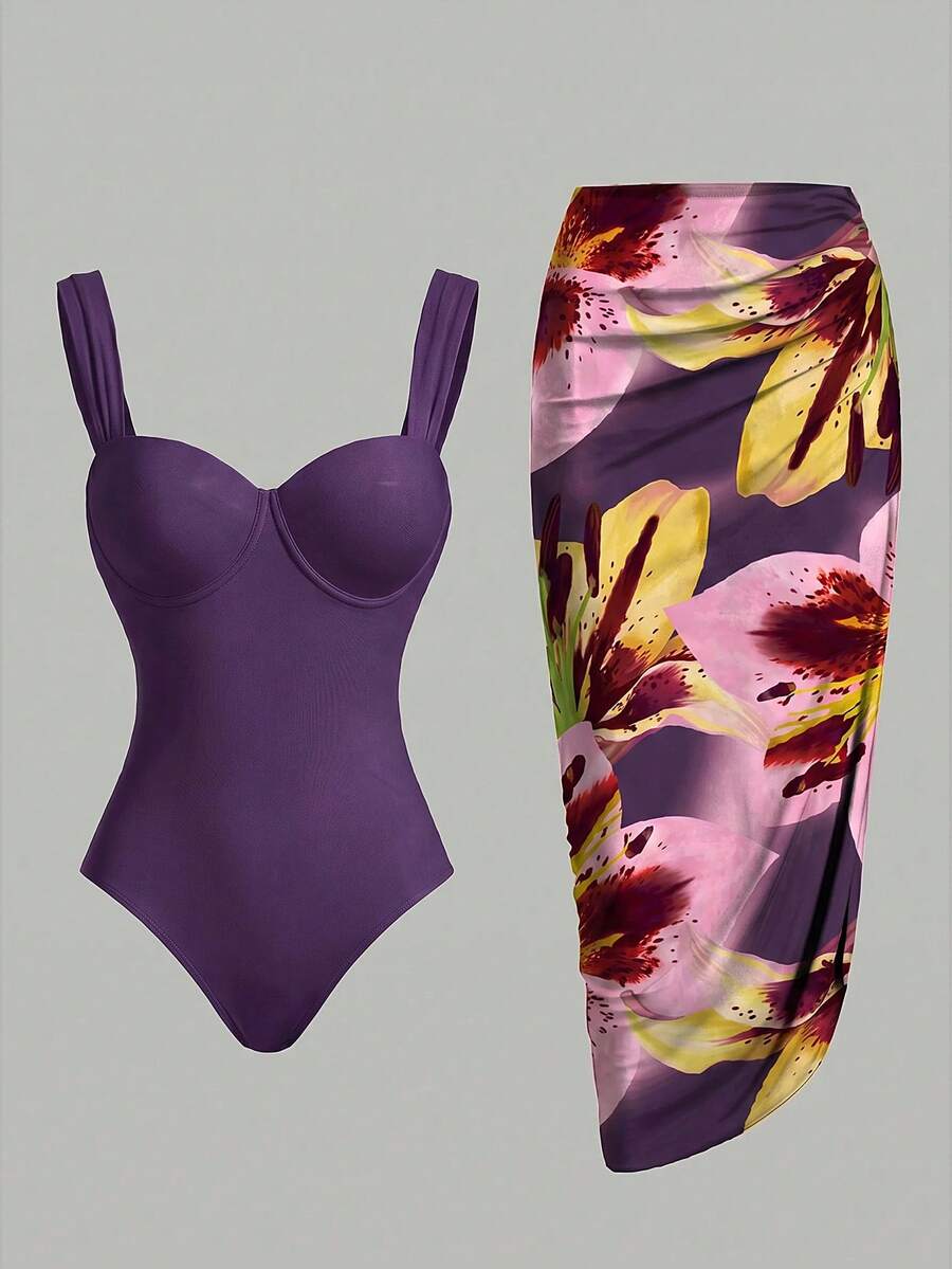 Swim Oasis 女款夏季度假海灘純色胸罩細節一件式泳衣搭配花卉印花罩衫裙 - 彩色 - 查看 1