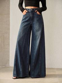 Anewsta Women's Spring/Summer Fashion Patchwork Blue Mother's Day Wide Leg Jeans - Blue - View 1