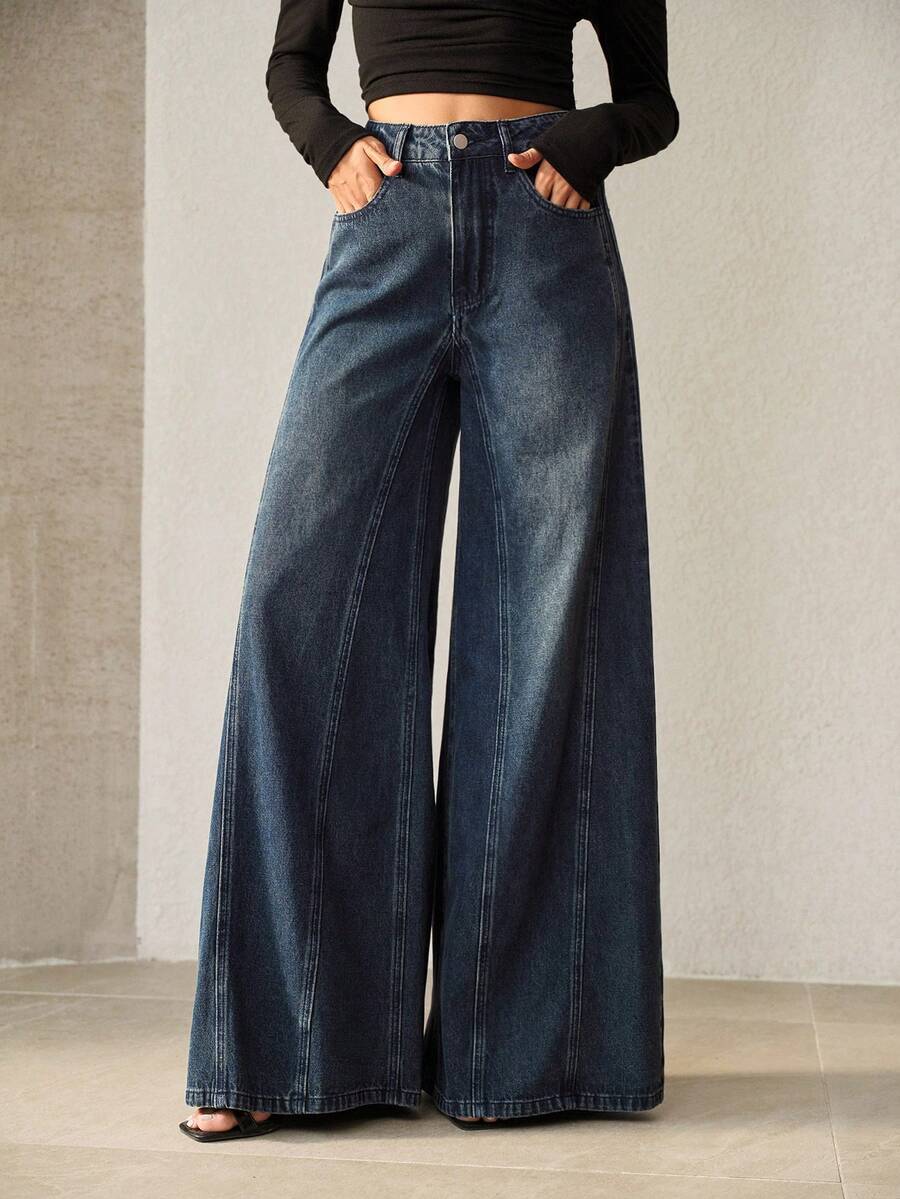 Anewsta Women's Spring/Summer Fashion Patchwork Blue Mother's Day Wide Leg Jeans - Blue - View 1
