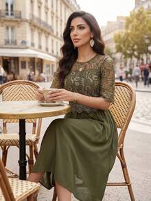 SHEIN Lady Women's Elegant Green Lace Short Sleeve Dress - Green - View 7