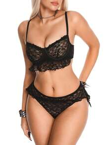 AltBold Standard Size Women's Sexy All-Over Lace Print Lingerie Set, Punk Style Bra And Panty 2pcs - Black - View 3