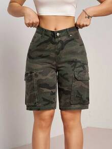 SHEIN Tall Shorts de mezclilla de cintura alta con bolsillos casuales para mujeres altas - Multicolor - Ver 6