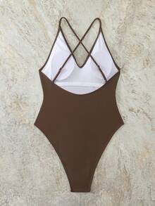 Swim Basics 2025 Women's Solid Color Ruched Backless Spaghetti Strap One-Piece Swimsuit - Coffee Brown - View 2