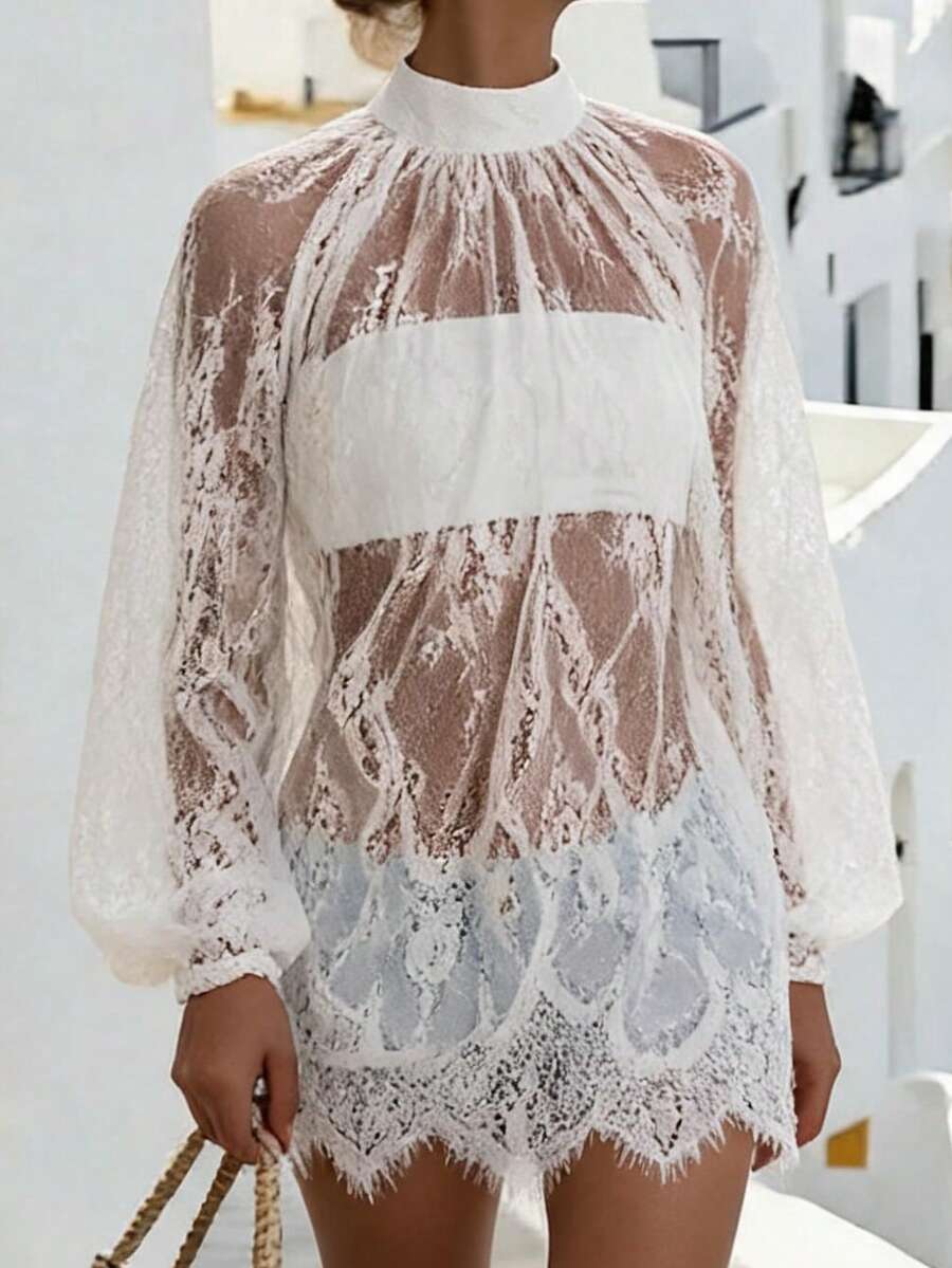 Travachic Lace Sheer Mesh Blouse For Women Summer Top Holiday Outfits For Women - White - View 1