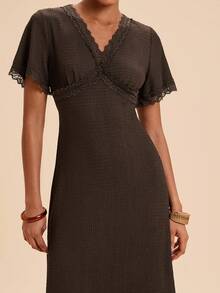 Travachic Women's Lace Patchwork Solid Color Short Sleeve V-Neck Dress,Summer,Beach Brunch,Elegant Romantic,Vacation,Lace Dark Brown, Elegant Party Dress - Brown - View 6