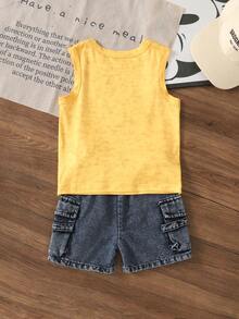 SHEIN 2pcs/Set Toddler Boys' Sleeveless Top & Denim Shorts Set, Street Casual Retro Style Summer Outfit - Yellow - View 7