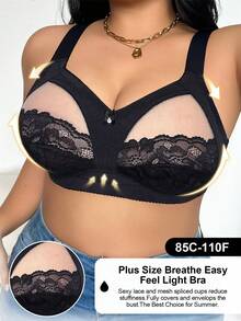 DesireSculpt Plus Size Adjustable Lace Contrast Mesh Comfortable Bra, Spaghetti Strap, Lift Support, Wireless, For Large Bust - Black - View 6