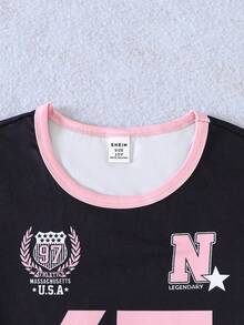 SHEIN 青少年女孩圓領字母數字印花短袖T恤與工裝褲休閒日常套裝 - 彩色 - 查看 5