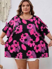 SHEIN CURVE+ 大尺碼女款夏季休閒碎花印花寬鬆襯衫 - 彩色 - 查看 8