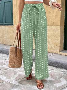 SHEIN Frenchy 女款休閒波西米亞風度假日常通勤野餐沙灘早午餐波點印花抽繩腰寬鬆寬腿長褲鼠尾草綠秋季 - 綠色 - 查看 8