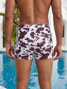 Manfinity Swimmode 男士抽绳腰带全印花平角内裤，适合夏季度假和海滩穿着 - 棕色 - 查看 4