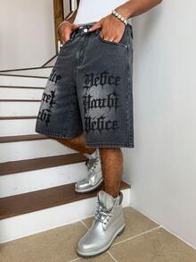 Manfinity EMRG 哥德式字母印花牛仔膝長短褲，男士寬鬆百慕達牛仔短褲，復古黑色水洗牛仔短褲，夏季寬鬆版型街頭風膝長牛仔休閒短褲 - 灰色 - 查看 6
