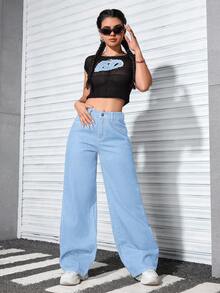SHEIN ICON 大尺碼女款休閒寬鬆牛仔長褲 - 藍色 - 查看 3