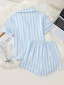 Girls' Pink And White Vertical Striped Short Sleeve Pajama Set, Sweet And Fresh Open Front Lapel Top With Wavy Hem And Leg Openings, Embroidered Casual Comfortable Loungewear For Spring And Summer - Blue - View 2