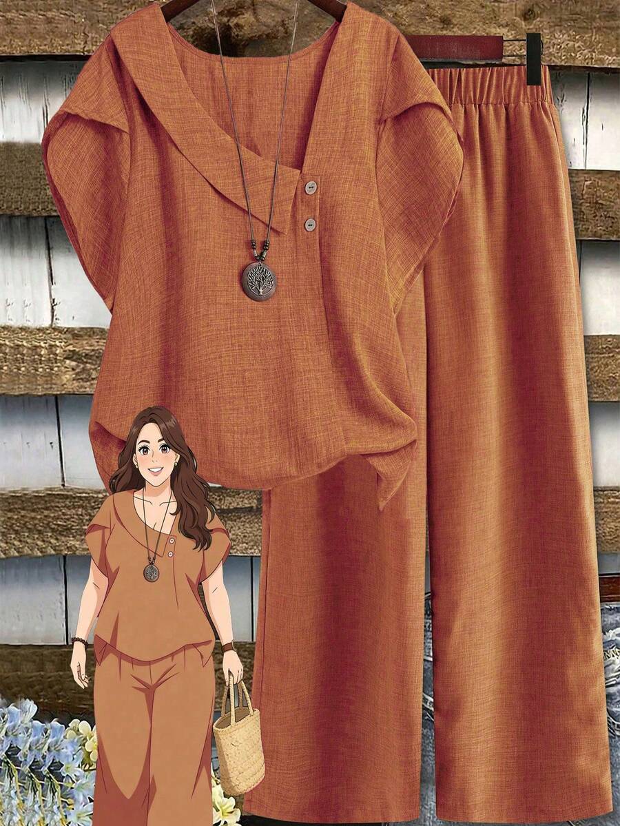 Linhara Plus Size Women's Spring/Summer Two-Tone Woven Asymmetrical Collar Bud Short Sleeve Regular Shirt Personalized Comfortable Top + Elastic Loose Casual Long Pants 2pcs Set - Orange - View 1