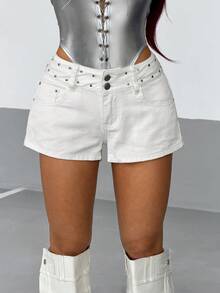 StreetHx Damen Mode Lässig Urlaub Street Style Nieten niedrige Taille Denim Shorts - Weiss - Übersicht 5