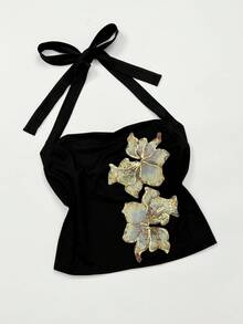 Sweetra Top de tirantes con cuello halter bordado talla grande - Negro - Ver 6