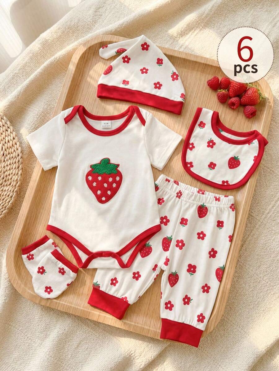 SHEIN Playful Pals 6件套新生女婴信封领圆领短袖草莓毛巾刺绣连体衣+松紧腰草莓印花裤+帽子手套围兜休闲舒适柔软套装,适合夏季外出 - 紅白色 - 查看 1