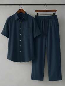 Manfinity Homme Manfinity 男士休閒度假短袖襯衫套裝 夏季度假男裝套裝 男士度假穿搭 度假服飾 男士度假穿著 假日度假 - 藏蓝色 - 查看 3