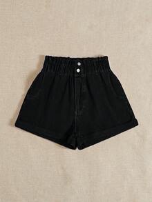 Breezaya Plus Size Solid Color Minimalist Baggy Casual Formal Denim Shorts Black Summer Vacation - Black - View 5