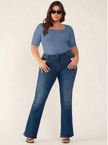 SHEIN BASICS Plus Size Summer Casual Versatile Solid Color Short Sleeve T-Shirt Date Night Brunch Dusty Blue - Dusty Blue - View 4