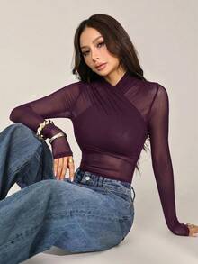 SHEIN PETITE 女款性感純色網紗包身連身衣，透視長袖上衣，長袖網紗上衣，黑色透視上衣，黑色網紗上衣，秋季，黑色連身衣 - 紫色 - 查看 6