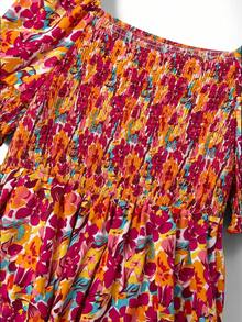 Linhara Square Neck Petal Sleeve Vintage Ditsy Floral Waist-Cinching Plus Size Shirt - Multicolor - View 7