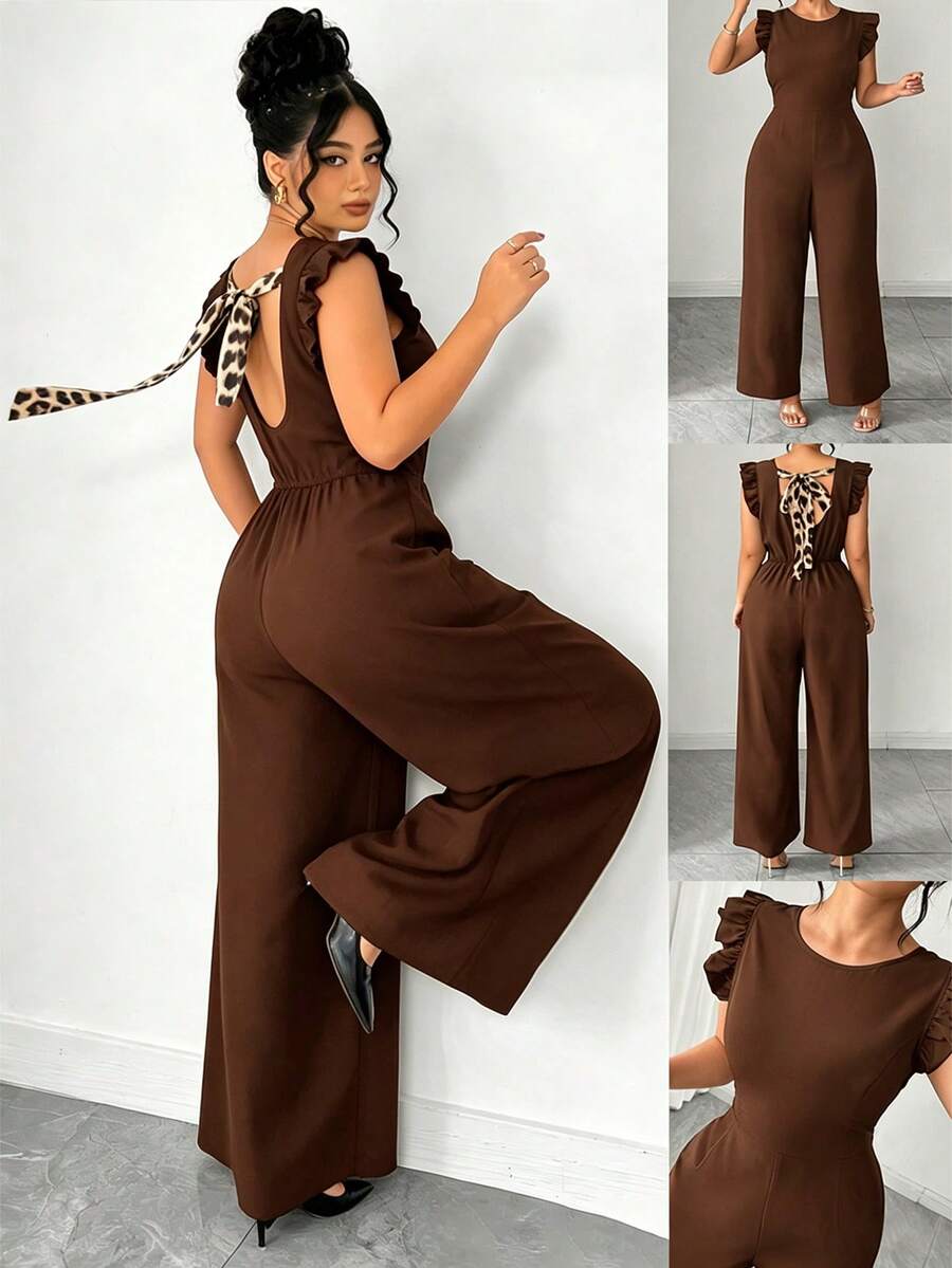 SHEIN Clasi 女款春夏圓領露背豹紋繫帶荷葉袖連身褲,休閒度假/約會通勤寬鬆寬腿褲 - 咖啡棕 - 查看 1
