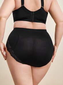 Hourtrue 1pc Plus Size High Waist Seamless Lace Pattern Shaping Briefs For Women - Black - View 3