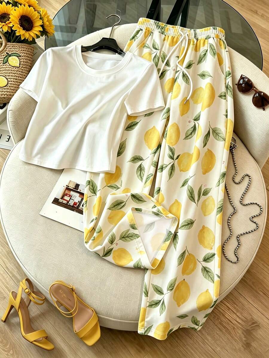 Resyla 夏季時尚休閒白色T恤與檸檬印花長褲甜美休閒女款兩件套,適合日常與運動穿著,女款檸檬印花圓領短袖T恤套裝,優雅舒適設計,休閒出遊兩件套 - 軍綠色 - 查看 1