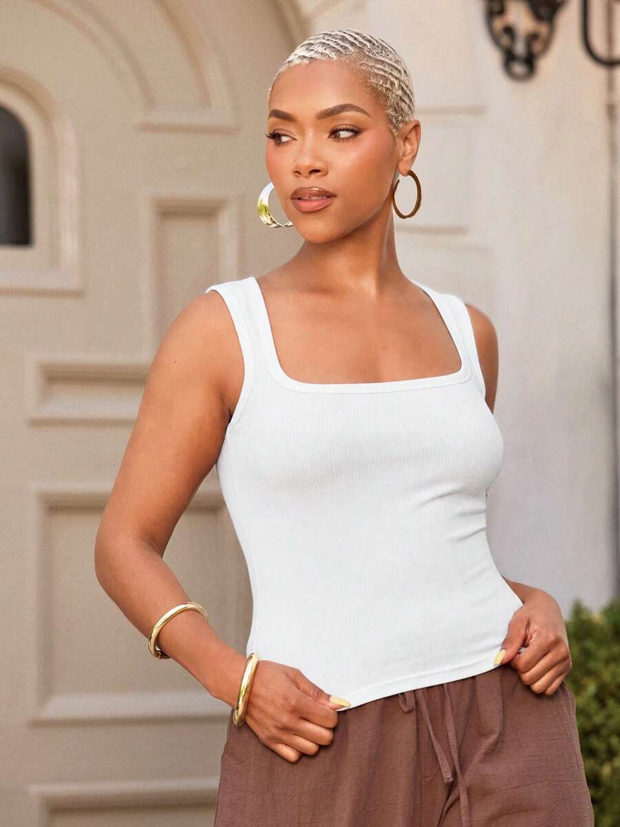 Vixey Solid Ribbed Basic Tank Top, Elevated Basics, Daily Wear - White - View 1