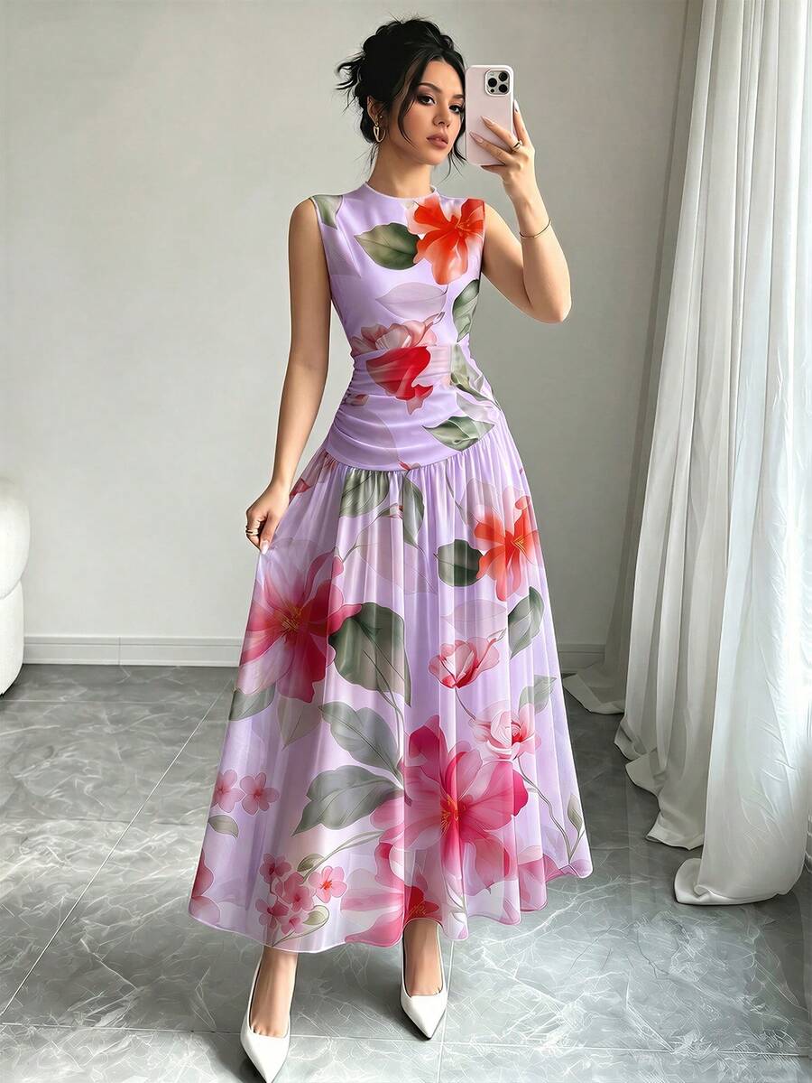 Modelyn 紫色花卉印花V領無袖長洋裝,女款時尚抓皺腰身雪紡長裙,輕盈花卉圖案夏季度假優雅穿搭 - 彩色 - 查看 1