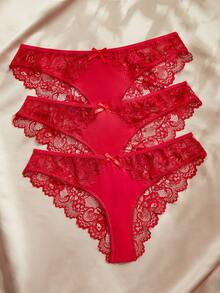 Charlaine Low Waist Lace 3D Bow Decor Triangle Panties (3pcs/Set) - Red - View 1