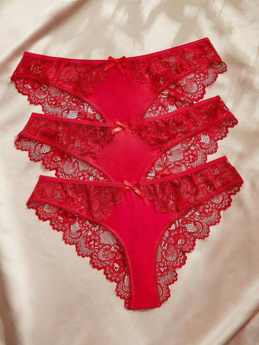 Charlaine Low Waist Lace 3D Bow Decor Triangle Panties (3pcs/Set) - Red - View 1
