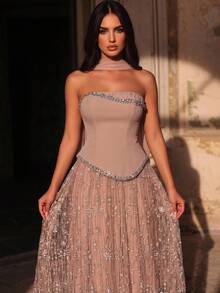 Glamrae Elegant Queen Princess Luxurious Handmade Diamond Pearl Sequin Mesh Patchwork Knit Maxi Dress Chiffon Flounce Graduation Formal Gala Dinner Pink Fall - Dusty Pink - View 1