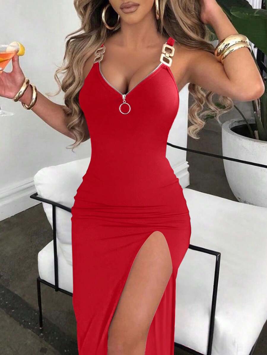 SHEIN Women's Solid Color Deep V-Neck Metal Buckle Zipper Split Fitted Dress Suitable For Parties And Holidays - Red - View 1