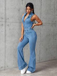 SHEIN EZwear 女款夏季休閒無袖牛仔連身褲 - 藍色 - 查看 4