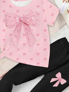Set di T-shirt e Leggings Casual Fashion Creativo Personalizzato Rinfrescante Minimalista con Decorazione Fiocco di Perline Lucide e Stampa Grafica Rilassata per Ragazze Pre-adolescenti, Comodo per l'Uso Quotidiano, Adatto per Primavera, Estate e Autunno - Multicolore - Visualizzare 6