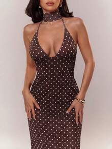 Aloruh Romantic Date Night Brown Polka Dot Mesh Halter Tie Strap Maxi Bodycon Dress For Women - Brown - View 4