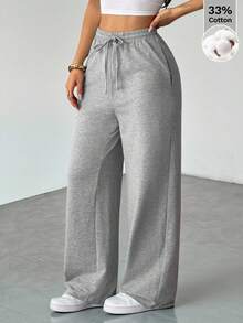 SHEIN PETITE Quần nỉ nữ ống rộng, màu trơn, thoải mái và năng động. - Xám - Xem 7