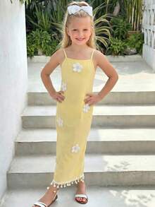 Emery Rose Kids Emery Rose Kids 年轻女孩/年轻女孩优雅印花露背修身度假连衣裙，吊带蝴蝶结喇叭裙摆设计，休闲日常街头服饰 - 黃色 - 查看 2