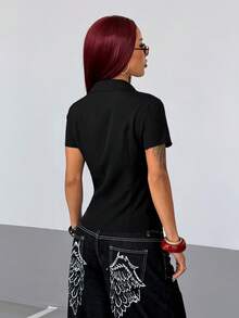 StreetHx 女款街頭次文化龐克修身短袖襯衫 - 黑色 - 查看 2