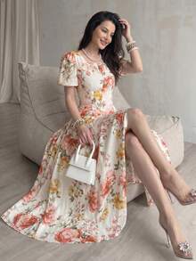 Modelyn Cream Floral Print Puff Sleeve Midi Dress Round Neck With Button Placket Romantic Cottagecore Chic Summer Garden Parties & Picnic Dates Floral Dress - Multicolor - View 2