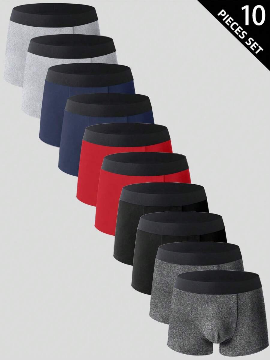 SHEIN 10pcs/Pack Men's Contrast Color Elastic Waistband Breathable Boxer Briefs - Multicolor - View 1